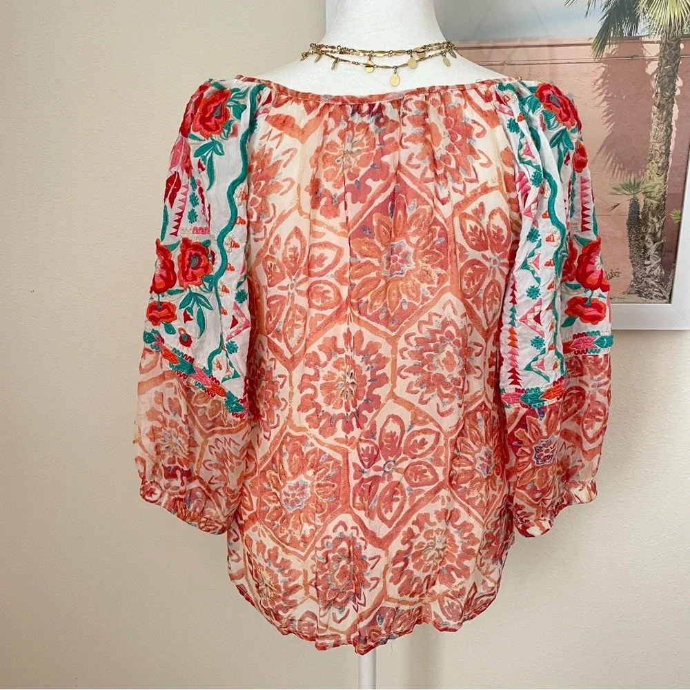Sundance Tolani Marta Rose Folkloric Embroidered Puff Sleeve Blouse Top in XS